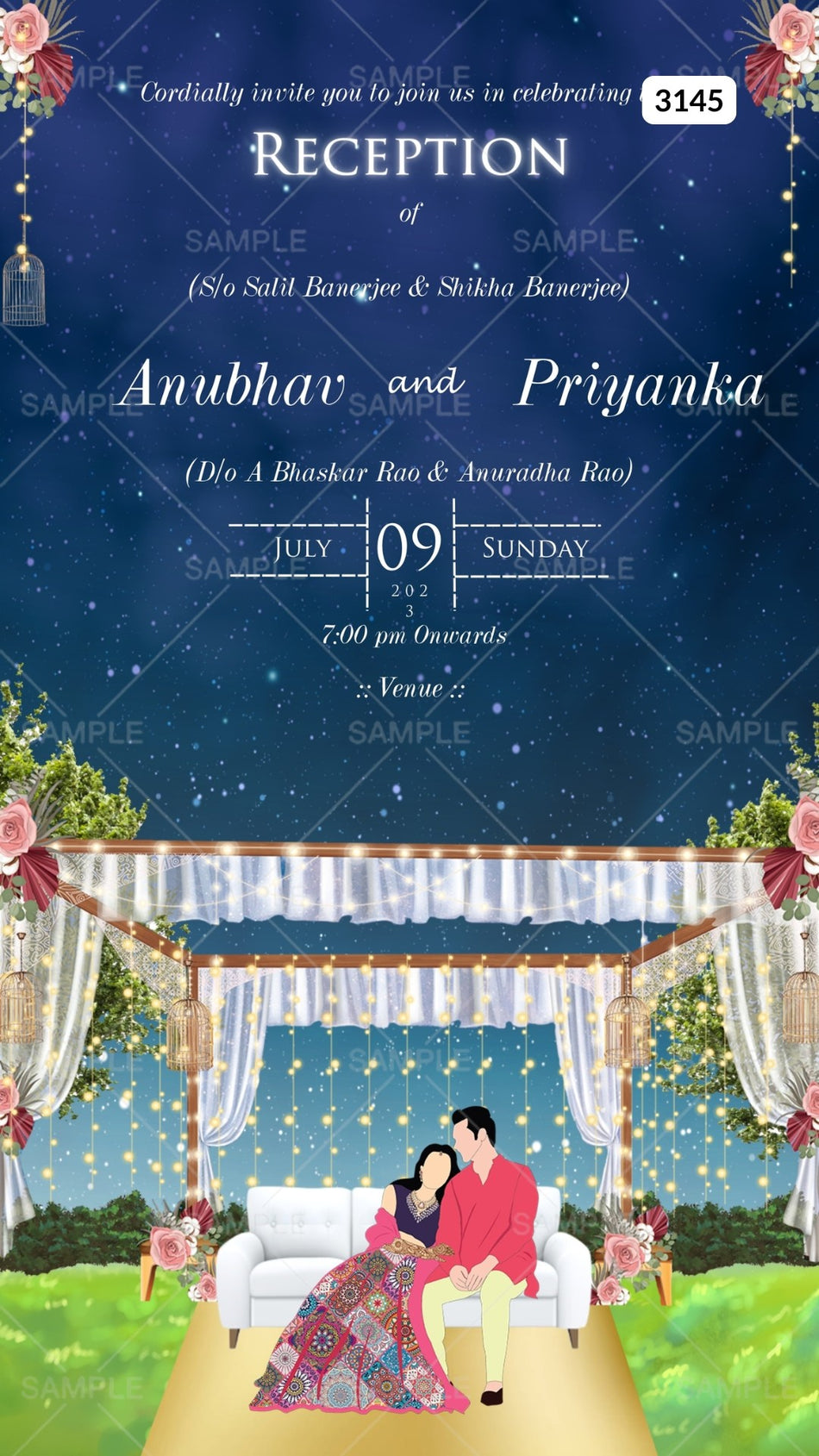Reception Party invitation card by canva in english language with romantic couple doodle, flowers as garden theme Canva Editable Template design 3145