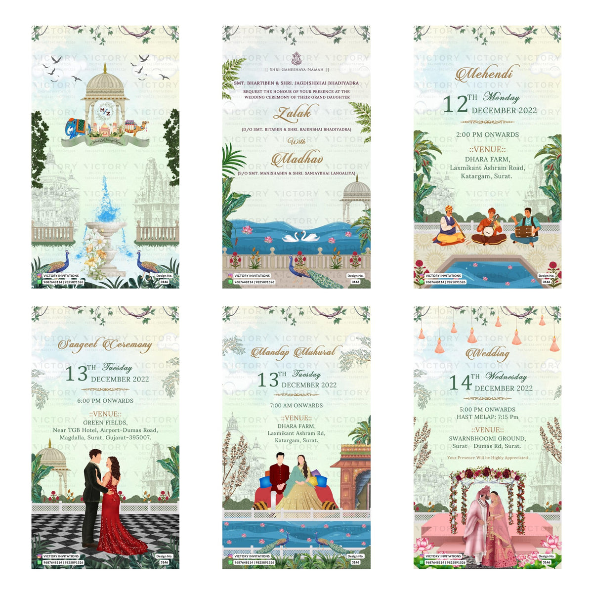 Six wedding invitation card designs arranged in a 2x3 grid, each featuring traditional Indian motifs such as elephants, lotus flowers, palaces, and wedding scenes with text placeholders for event details.