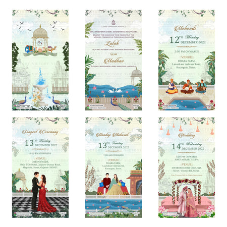 Six wedding invitation card designs arranged in a 2x3 grid, each featuring traditional Indian motifs such as elephants, lotus flowers, palaces, and wedding scenes with text placeholders for event details.