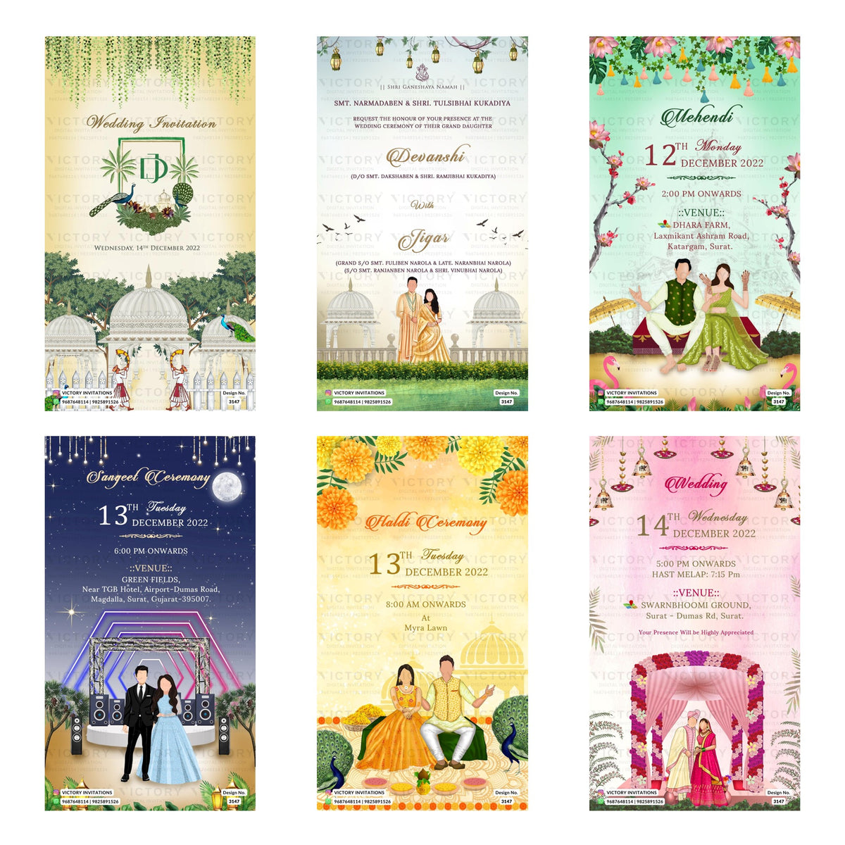 Six traditional Indian wedding invitation card designs arranged in a 2x3 grid, featuring festive illustrations of domes, couples, and ceremonial arches in pastel and bright colors.