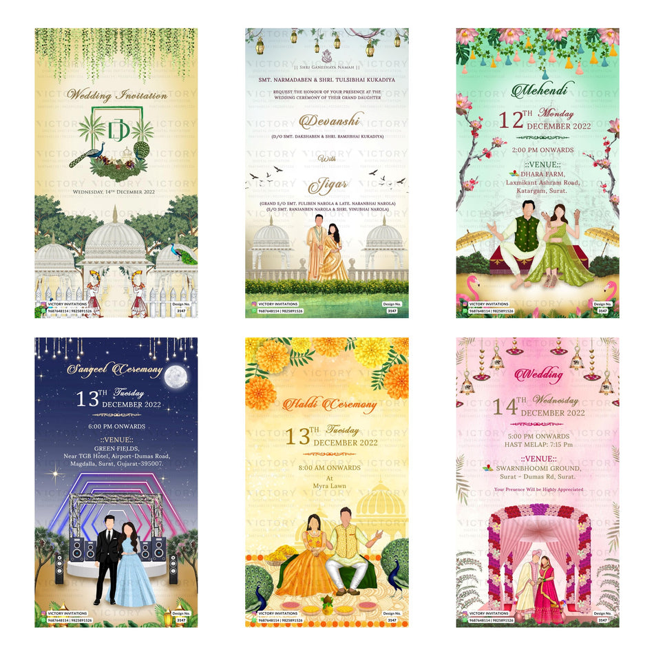Six traditional Indian wedding invitation card designs arranged in a 2x3 grid, featuring festive illustrations of domes, couples, and ceremonial arches in pastel and bright colors.