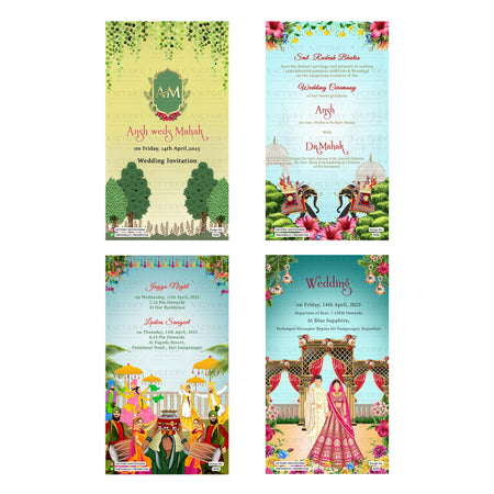 Indian wedding digital invitation card set 3152 featuring  Wedding Ceremony, Jaggo Night, and Ladies Sangeet templates in Sri Ganganagar.