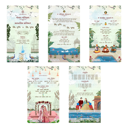 A set of six vertical wedding invitation card designs arranged in two rows on a white background. The cards feature traditional Indian motifs including peacocks, palavas, a charpai, and a wedding couple by a pool, with decorative text in English and Hindi.