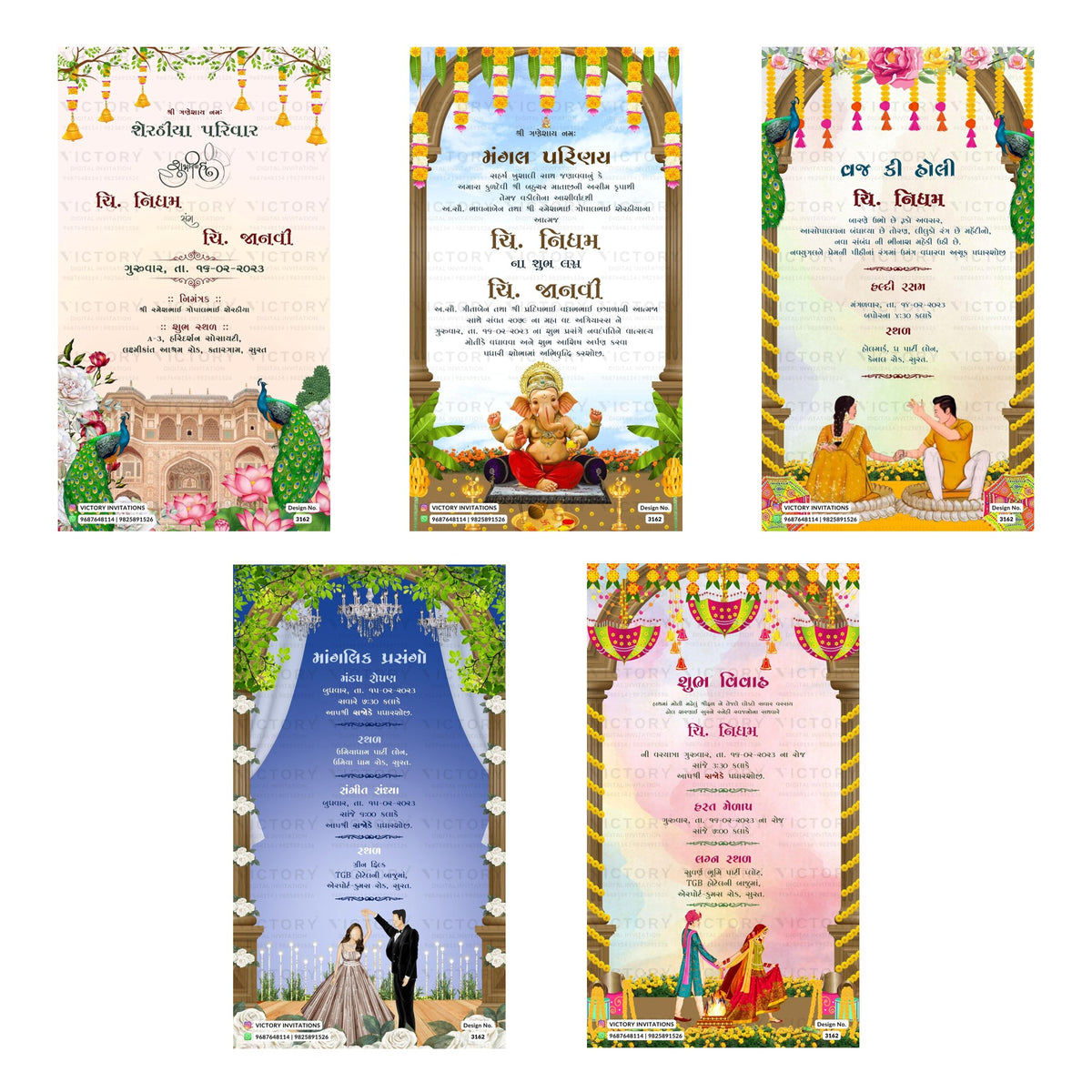Traditional Gujarati wedding digital invitation card set 3162 featuring Nidham and Janvi, Mangal Parinay, Vraj Ki Holi, Shubh Vivah, and Manglik Prasango templates.