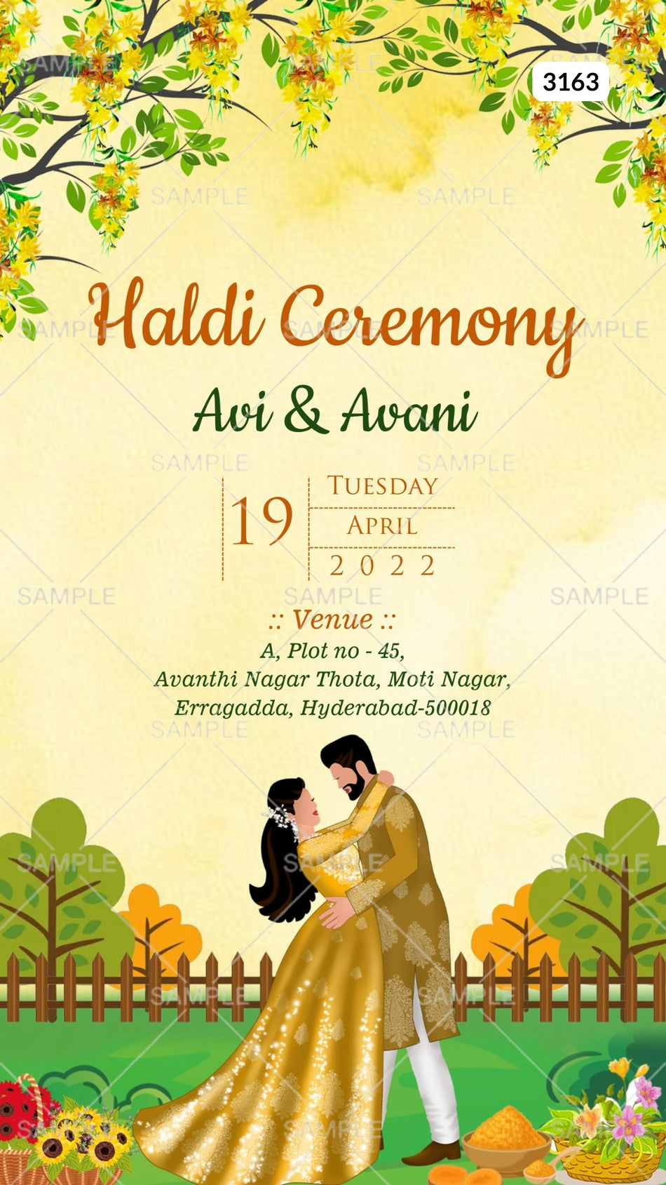 Haldi ceremony invitation card by canva in english language with couple doodle, fence as garden theme Canva Editable Template design 3163