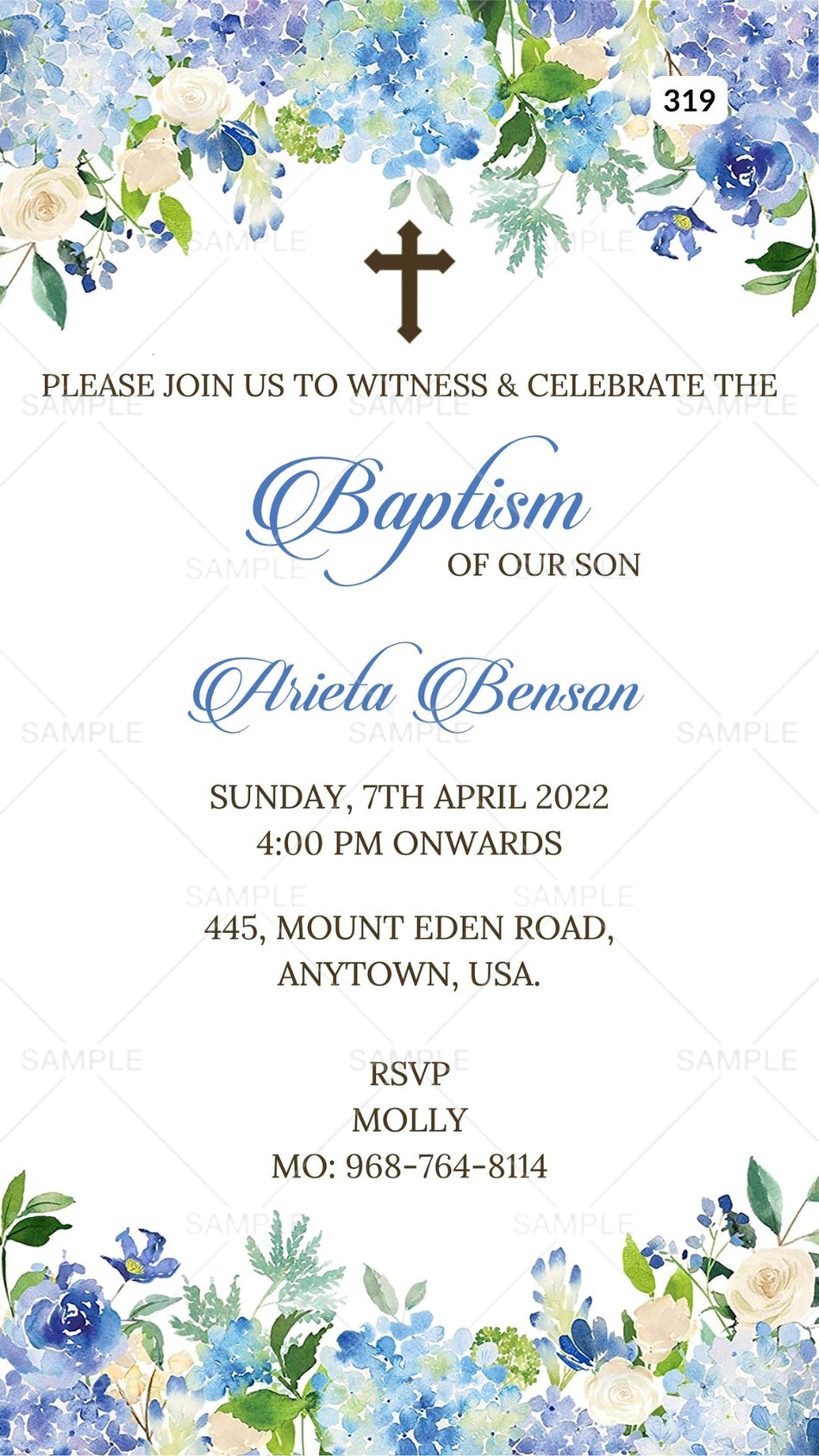 Digital Baptism Invitation of Western Family in English Language With Floral Theme Canva Editable Template Design No. 319