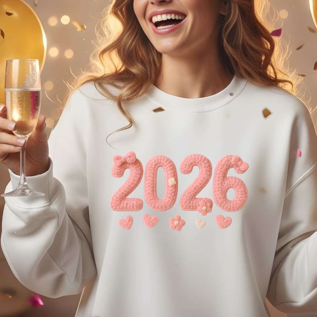 Person wearing a white sweatshirt with '2026' printed on it, holding a glass of champagne.