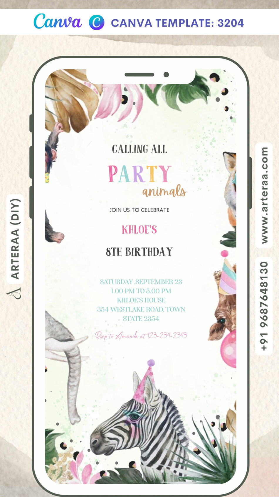 Birthday party invitation card by canva in English language with animal theme Canva Editable Template design 3204