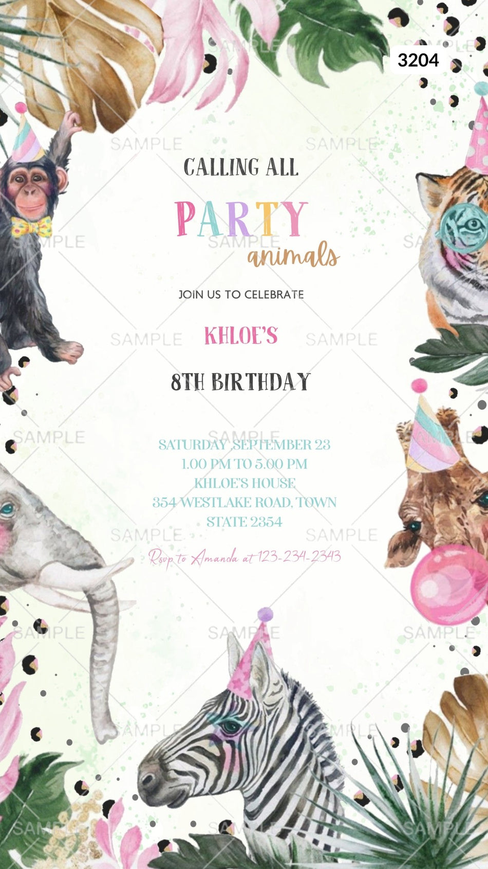 Birthday party invitation card by canva in English language with animal theme Canva Editable Template design 3204