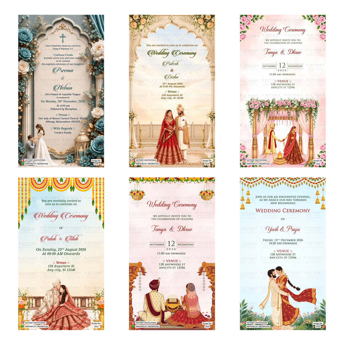 Indian wedding and ceremony digital invitation card set 3218 featuring Preema and Helson, Prilesh and Disha, Tanya and Dhruv, Palak and Tilak, and Yash and Priya templates for 2026.