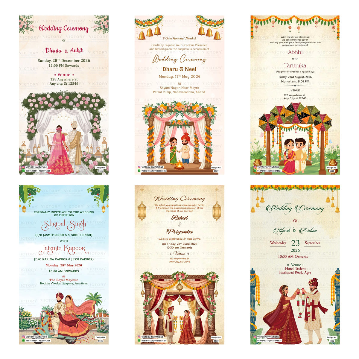 Indian wedding and ceremony digital invitation card set 3219 featuring Dhruta and Ankit, Dharu and Neel, Abhhi and Tarunika, Shripal Singh and Jaismin Kapoor, Rahul and Priyanka, and Alpesh and Krishna templates for 2026.