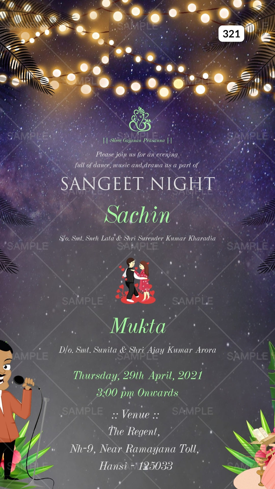 Sangeet Sandhya Ceremony invitation card Canva Editable Template in english language with string lights, leaves as night view theme design 321