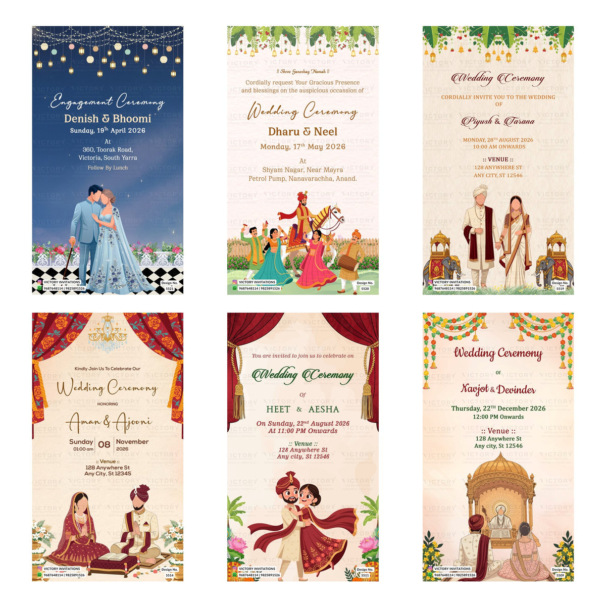 Indian wedding and engagement digital invitation card set 3220 featuring Denish and Bhoomi, Dharu and Neel, Piyush and Tarana, Aman and Ajooni, Heet and Aesha, and Navjot and Devinder templates for 2026.