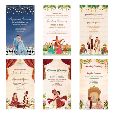 Indian wedding and engagement digital invitation card set 3220 featuring Denish and Bhoomi, Dharu and Neel, Piyush and Tarana, Aman and Ajooni, Heet and Aesha, and Navjot and Devinder templates for 2026.