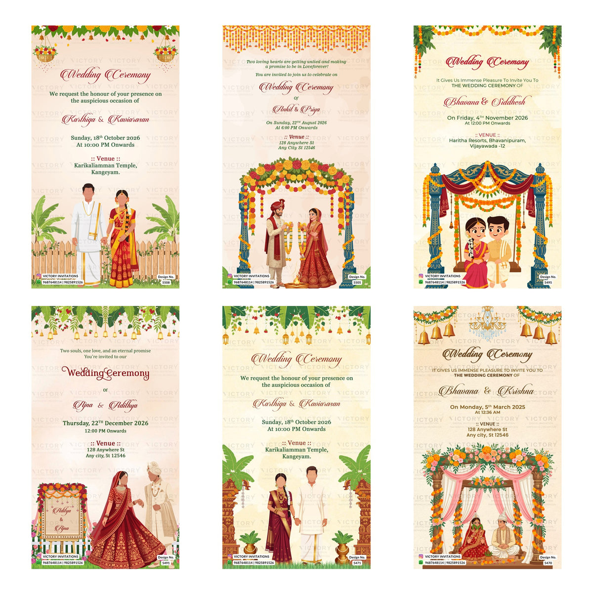 Indian wedding ceremony digital invitation card set 3221 featuring Karthiga and Kaviarasan, Ankul and Priya, Bhavana and Siddhesh, Ajna and Adithya, and Bhavana and Krishna templates for 2025 and 2026.