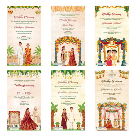 Indian wedding ceremony digital invitation card set 3221 featuring Karthiga and Kaviarasan, Ankul and Priya, Bhavana and Siddhesh, Ajna and Adithya, and Bhavana and Krishna templates for 2025 and 2026.