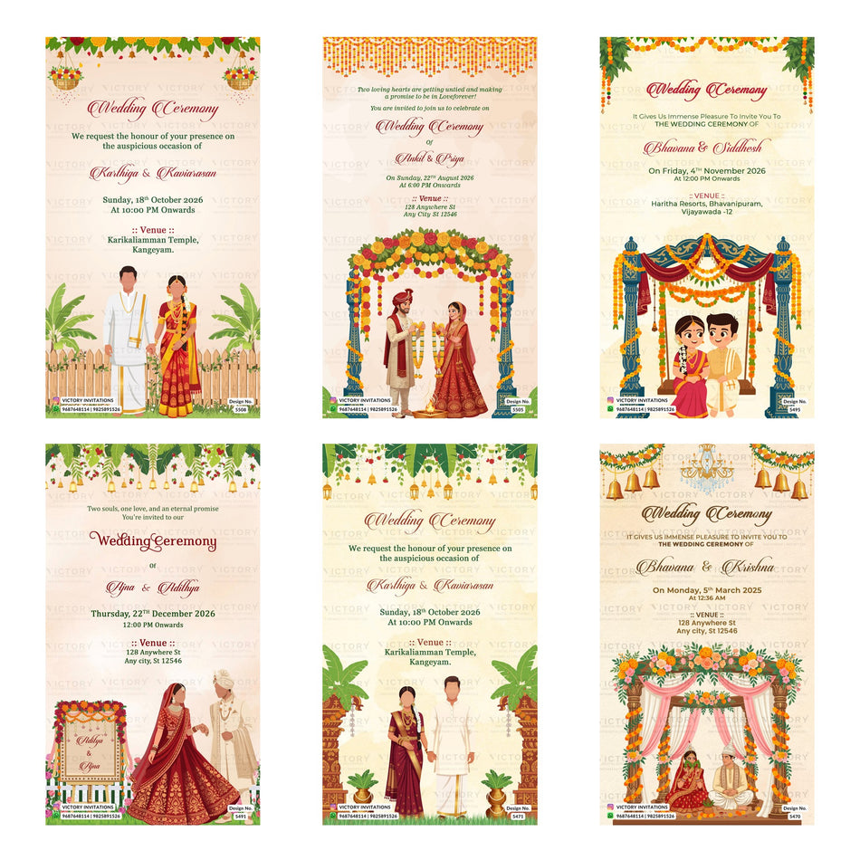 Indian wedding ceremony digital invitation card set 3221 featuring Karthiga and Kaviarasan, Ankul and Priya, Bhavana and Siddhesh, Ajna and Adithya, and Bhavana and Krishna templates for 2025 and 2026.