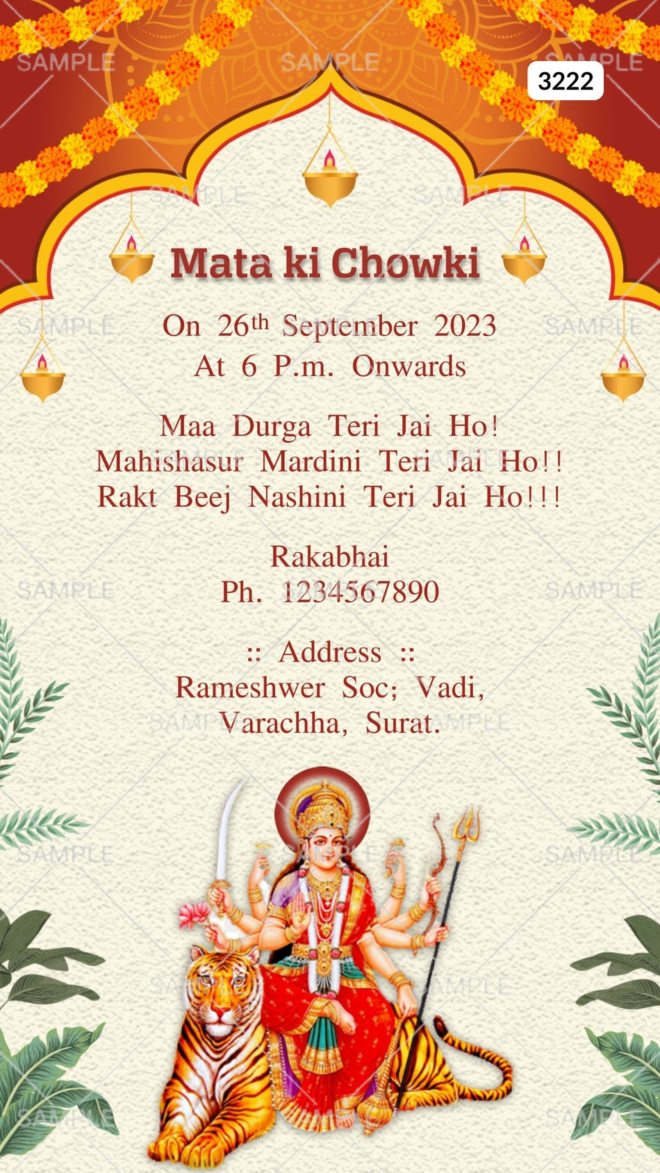 Mata ki chowki invitation card by canva in english language with diya, durga bhavani image as traditional theme Canva Editable Template design 3222