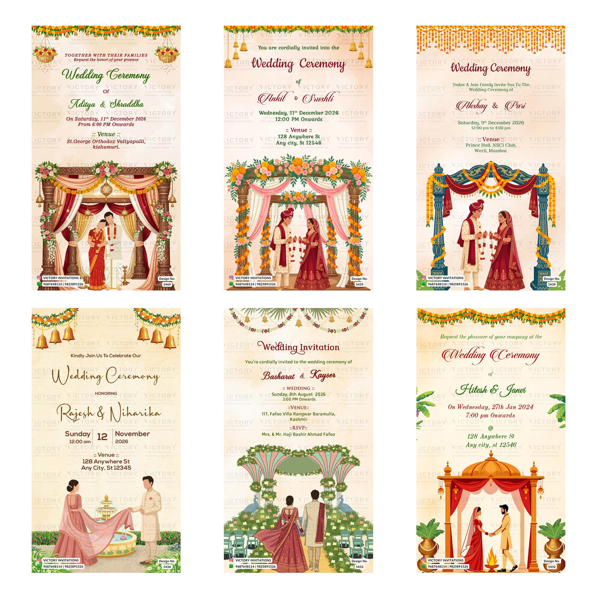 Indian wedding and ceremony digital invitation card set 3222 featuring Aditya and Shraddha, Ankit and Srushti, Akshay and Pari, Rajesh and Niharika, Basharat and Kayser, and Hitesh and Janvi templates.