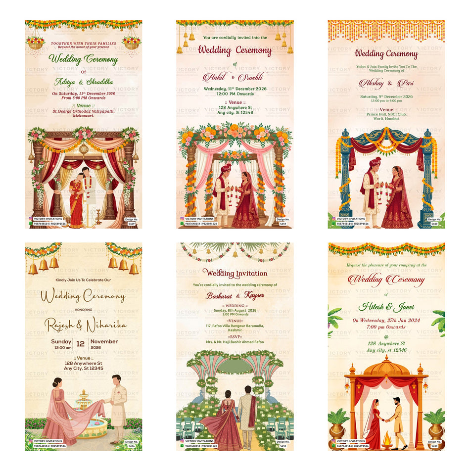 Indian wedding and ceremony digital invitation card set 3222 featuring Aditya and Shraddha, Ankit and Srushti, Akshay and Pari, Rajesh and Niharika, Basharat and Kayser, and Hitesh and Janvi templates.