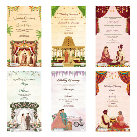 Six traditional Indian wedding invitation card designs arranged in a 2x3 grid, featuring illustrations of wedding ceremonies, couples, and festive decorations in soft pastel and rich jewel tones.