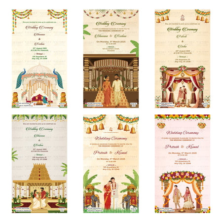 Indian wedding ceremony digital invitation card set 3225 featuring Bhavana and Krishna, Pritesh and Disha, and Pritesh and Krinal templates with traditional mandap and temple designs.