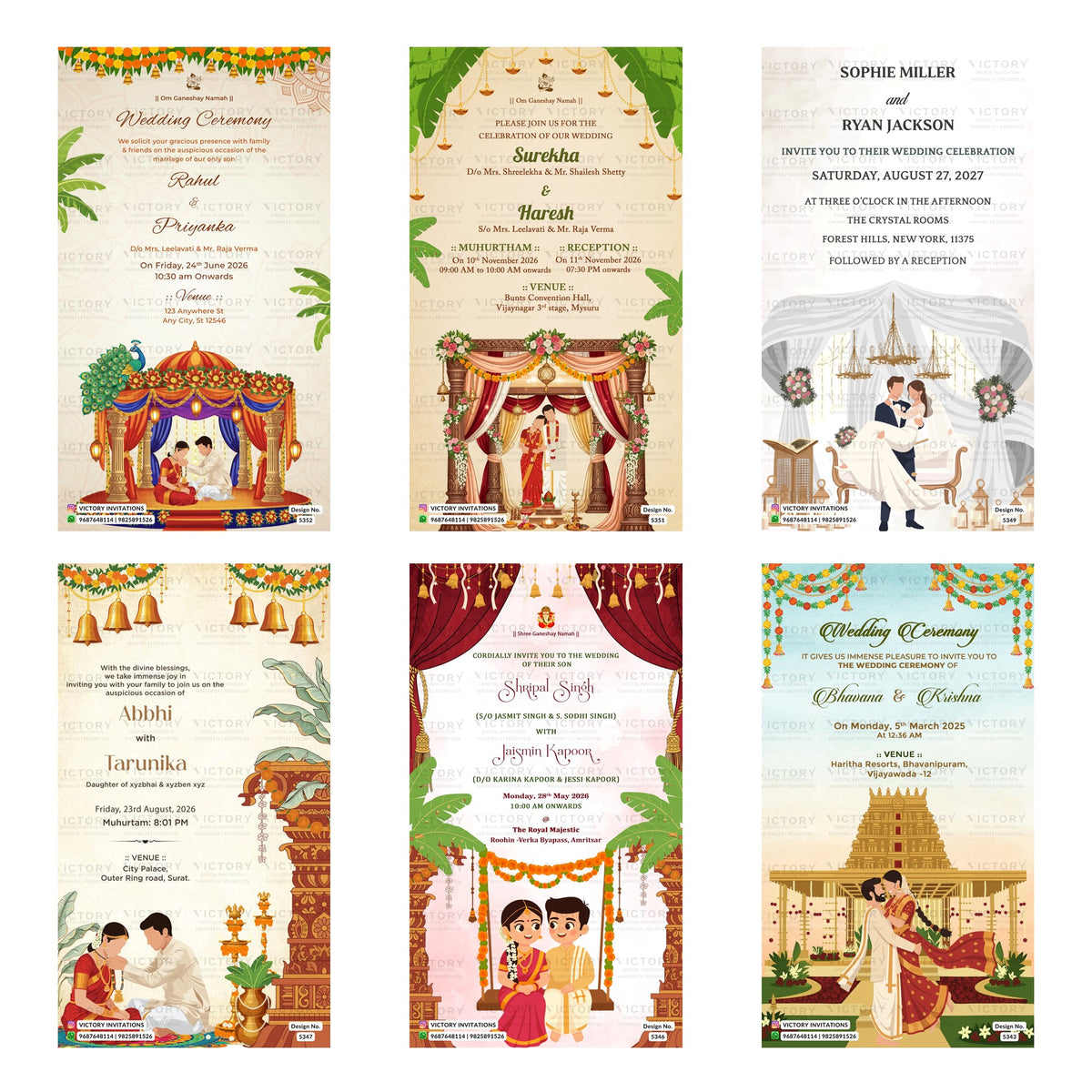 Indian wedding and ceremony digital invitation card set 3226 featuring Rahul and Priyanka, Surekha and Haresh, Sophie Miller and Ryan Jackson, Abhhi and Tarunika, Shripal Singh and Jaismin Kapoor, and Bhavana and Krishna templates.