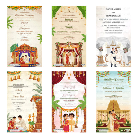 Indian wedding and ceremony digital invitation card set 3226 featuring Rahul and Priyanka, Surekha and Haresh, Sophie Miller and Ryan Jackson, Abhhi and Tarunika, Shripal Singh and Jaismin Kapoor, and Bhavana and Krishna templates.