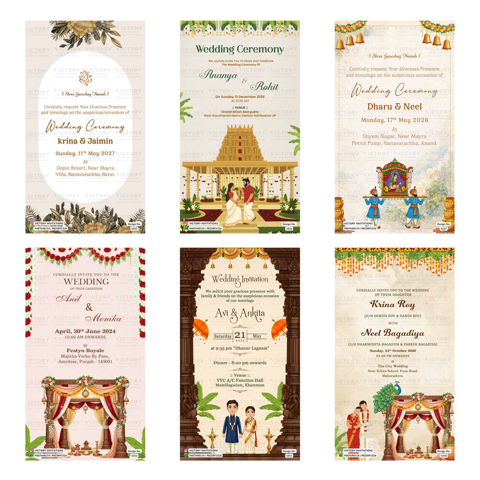 Indian wedding ceremony digital invitation card set 3228 featuring Krina and Jaimin, Ananya and Rohit, Dharu and Neel, Anil and Monika, Avi and Ankita, and Krina Roy and Neel Bagadiya templates.