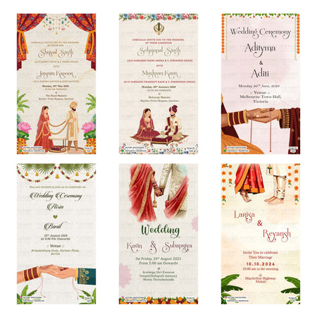 Indian wedding ceremony digital invitation card set 3229 featuring Shripal Singh and Jaismin Kapoor, Sehajapal Singh and Muskaan Kaur, Adityma and Aditi, Airin and Basil, Kavin and Subapriya, and Larisa and Reyansh templates.