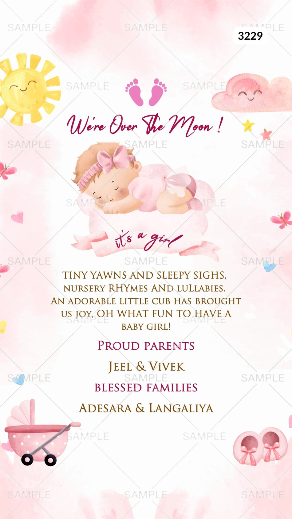 Baby Announcement invitation card by canva in english language with bbay doodle, sun as playful theme Canva Editable Template design 3229