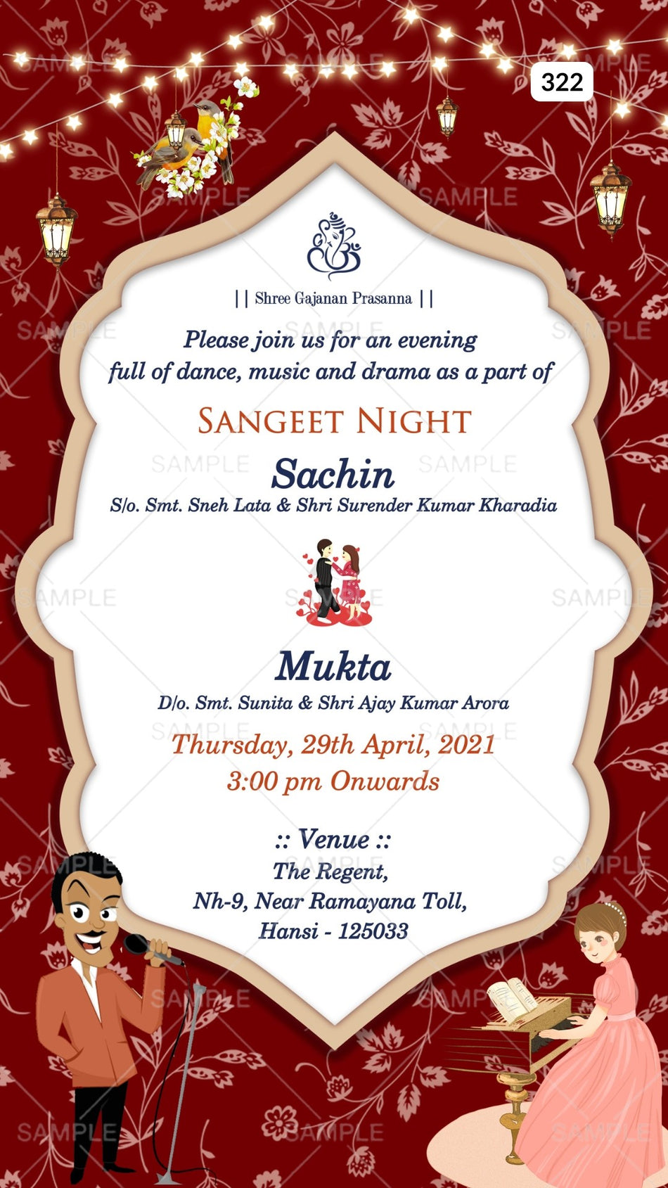 Sangeet Sandhya Ceremony invitation card Canva Editable Template in english language with string lights, arch frame as traditional theme design 322