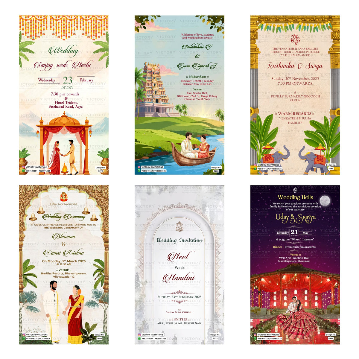 Indian wedding ceremony digital invitation card set 3230 featuring Sanjay and Neelu, Sailakshmi and Guru Vignesh, Rashmika and Surya, Bhavana and Vamsi Krishna, Neel and Nandini, and Uday and Sravya templates.