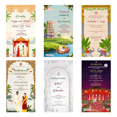 Indian wedding ceremony digital invitation card set 3230 featuring Sanjay and Neelu, Sailakshmi and Guru Vignesh, Rashmika and Surya, Bhavana and Vamsi Krishna, Neel and Nandini, and Uday and Sravya templates.