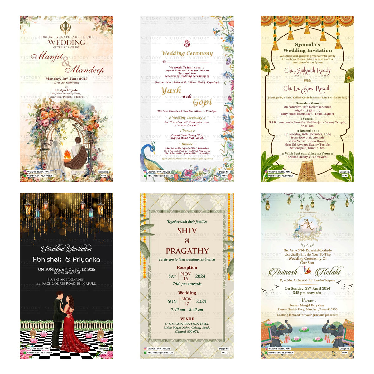 Indian wedding ceremony digital invitation card set 3231 featuring Manjit and Mandeep, Yash and Gopi, Srikanth Reddy and Revathi, Abhishek and Priyanka, Shiv and Pragathy, and Avinash and Ketaki templates.