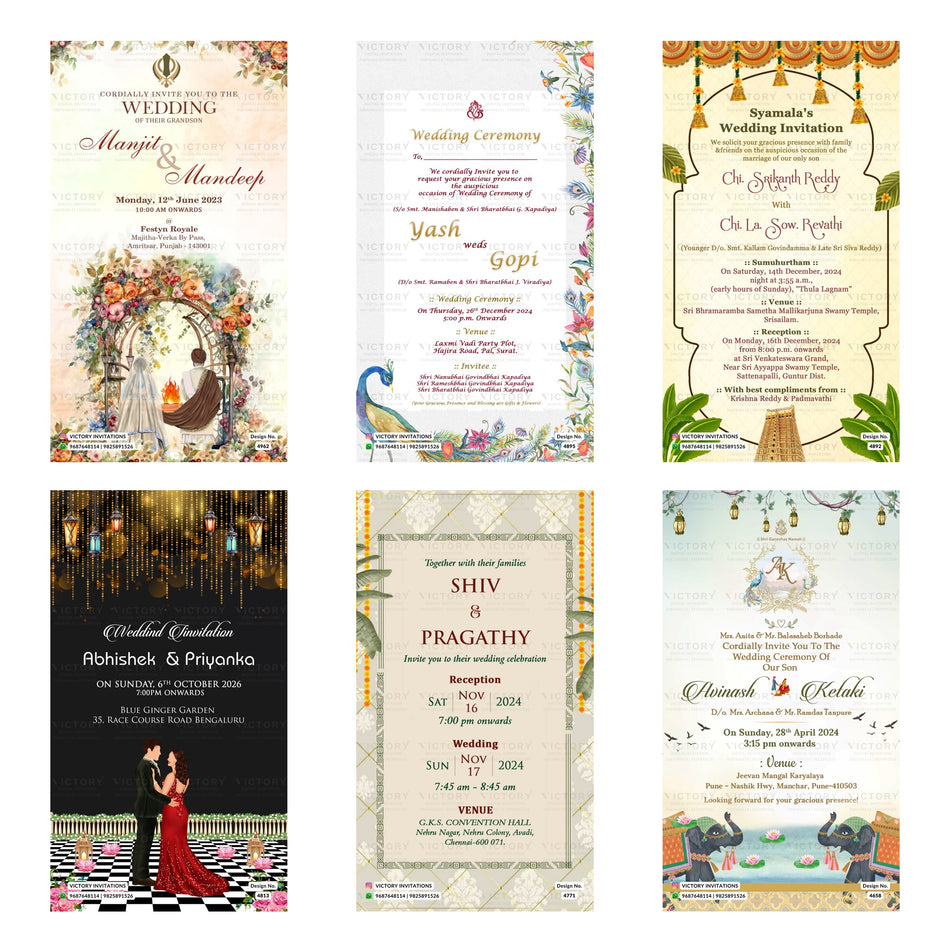 Indian wedding ceremony digital invitation card set 3231 featuring Manjit and Mandeep, Yash and Gopi, Srikanth Reddy and Revathi, Abhishek and Priyanka, Shiv and Pragathy, and Avinash and Ketaki templates.