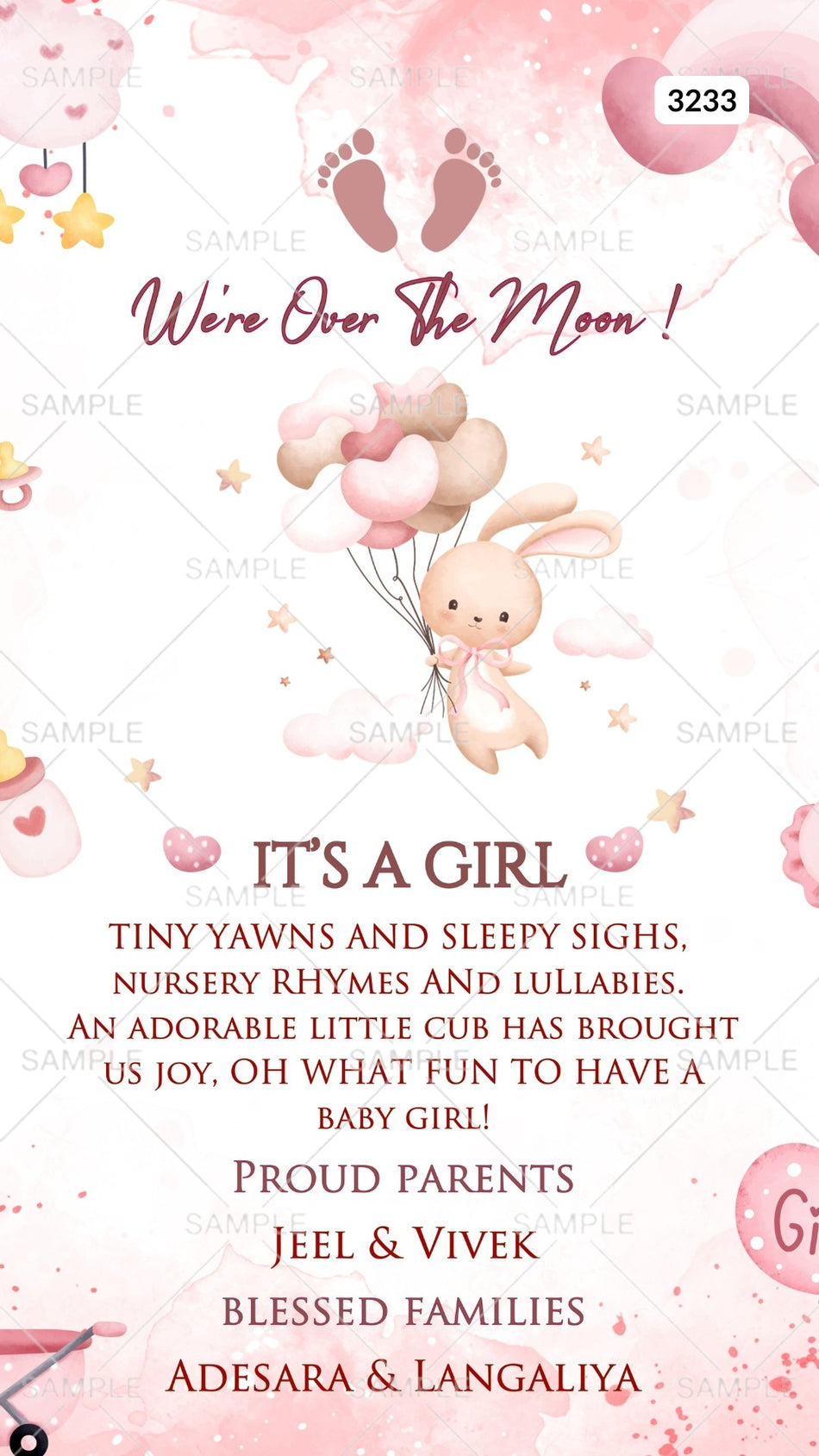 Baby Announcement invitation card by canva in english language with cloud, rainbow, balloons as playful theme Canva Editable Template design 3233