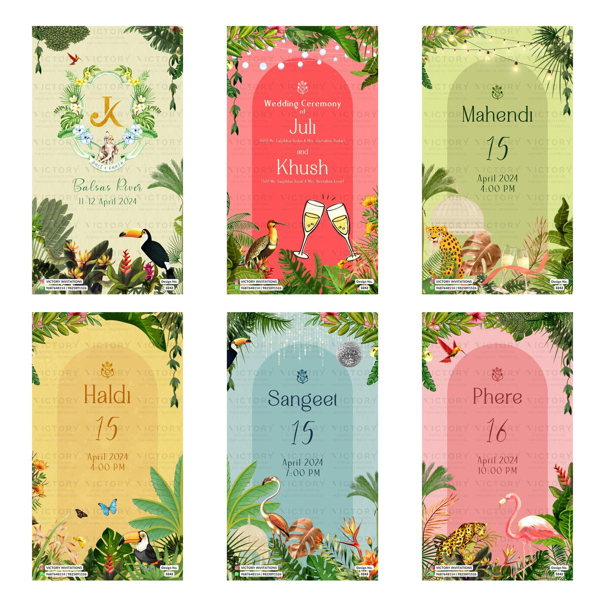 Tropical wedding digital invitation card set 3242 featuring Juli and Khush, Wedding Ceremony, Mahendi, Haldi, Sangeet, and Phere templates at Balsas River.