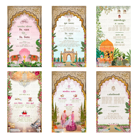 Traditional Gujarati wedding digital invitation card set 3247 featuring Tarun and Nisha, Shubh Awsar, Manglik Prasang, and custom ceremony templates.