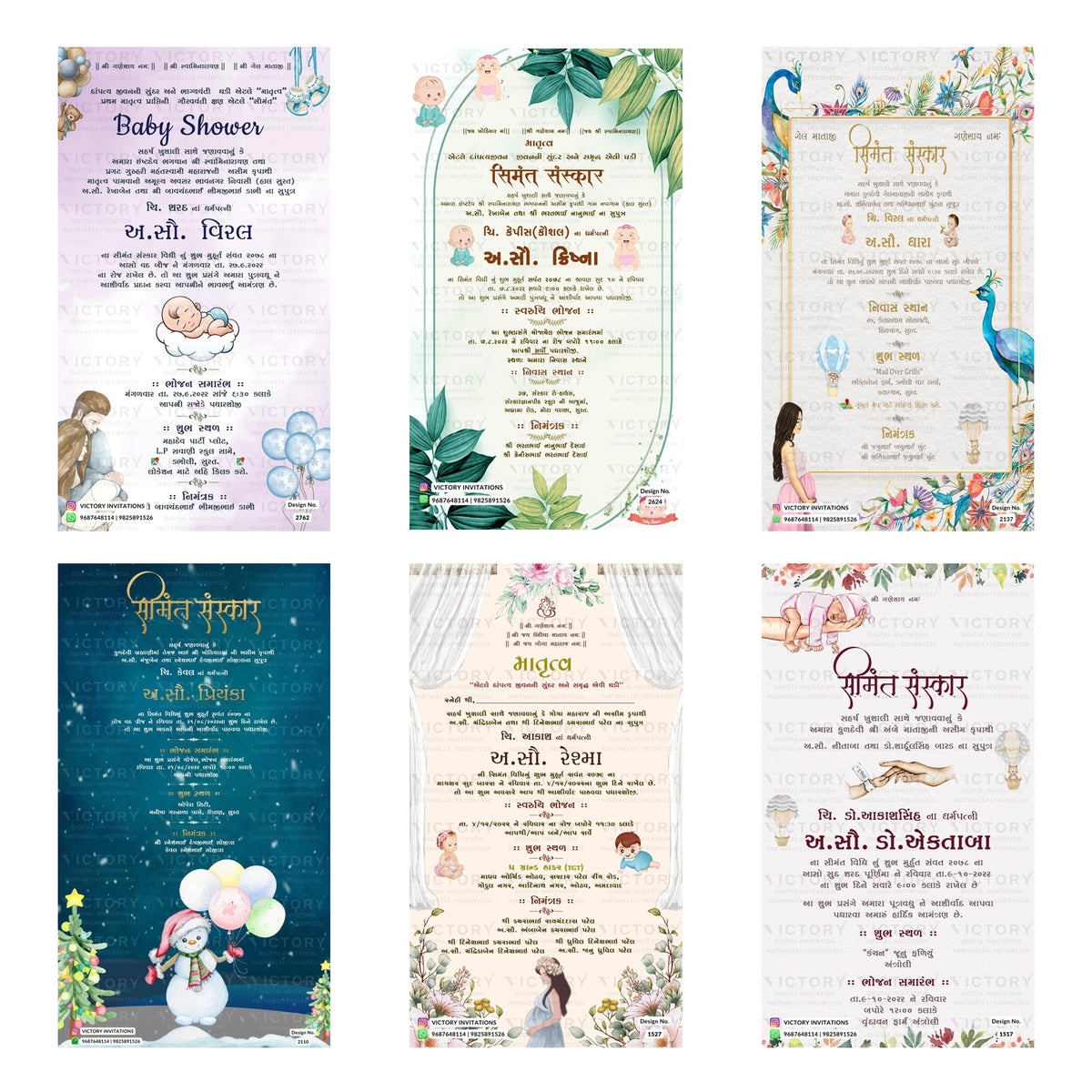 Six baby shower invitation templates arranged in a 2x3 grid, featuring pastel and festive designs including a lavender baby shower theme, a green leaf border, a peacock-themed card, a snowy night scene, a traditional Indian wedding-style invitation, and a pink floral invitation.
