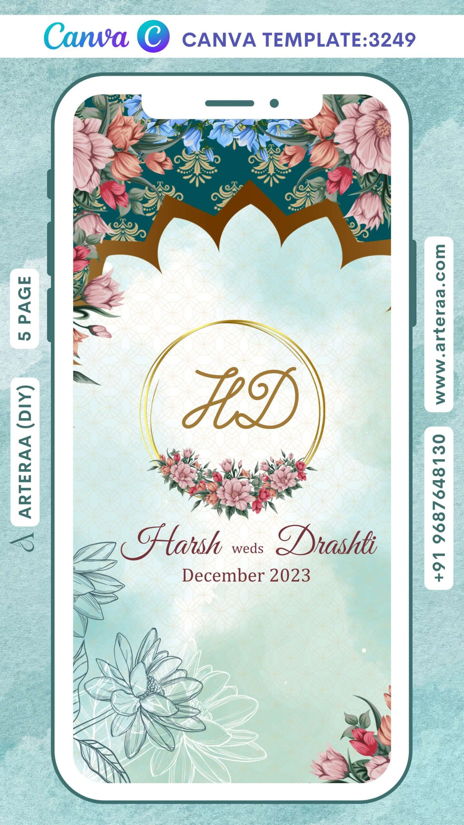 Wedding ceremony invitation Canva Editable video Template of hindu punjabi haryanvi family in English language with Floral theme design 3249
