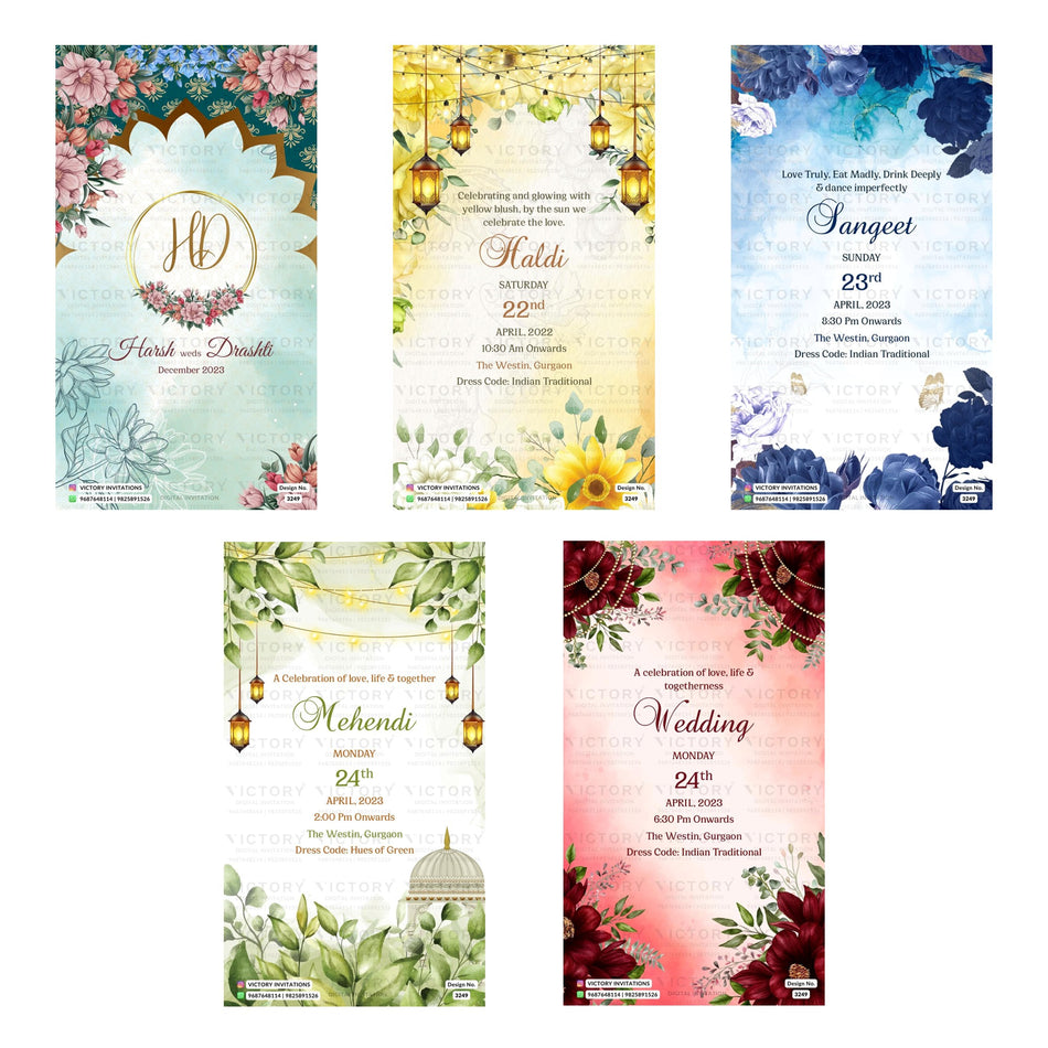 Traditional Indian wedding digital invitation card set 3249 featuring Harsh and Drashti, Haldi, Sangeet, Mehendi, and Wedding templates at The Westin Gurgaon.