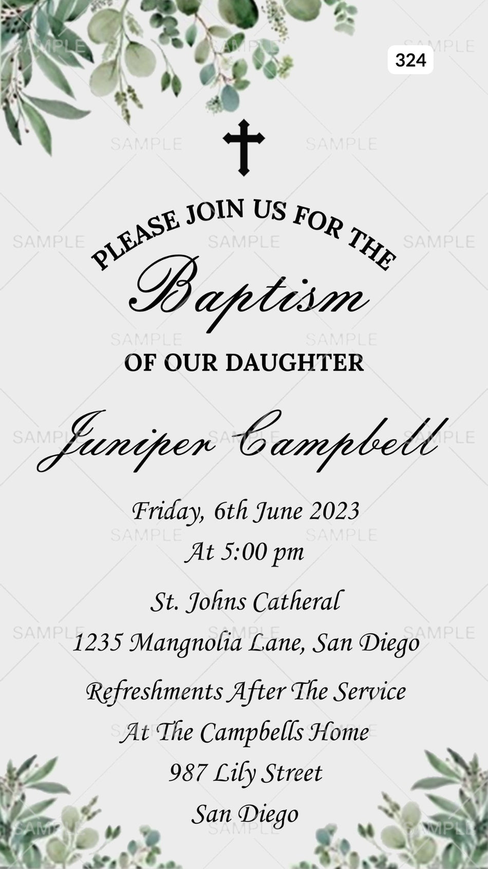 Baptism ceremony invitation card Canva Editable Template in english language with leaves as floral theme design 324