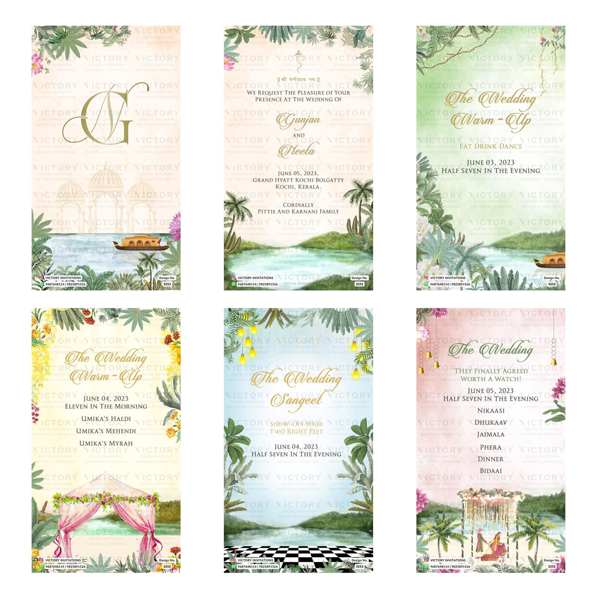 Traditional Indian wedding digital invitation card set 3252 featuring Gunjan and Neela, Wedding Warm-Up, Sangeet, and Ceremony templates at Grand Hyatt Kochi Bolgatty.