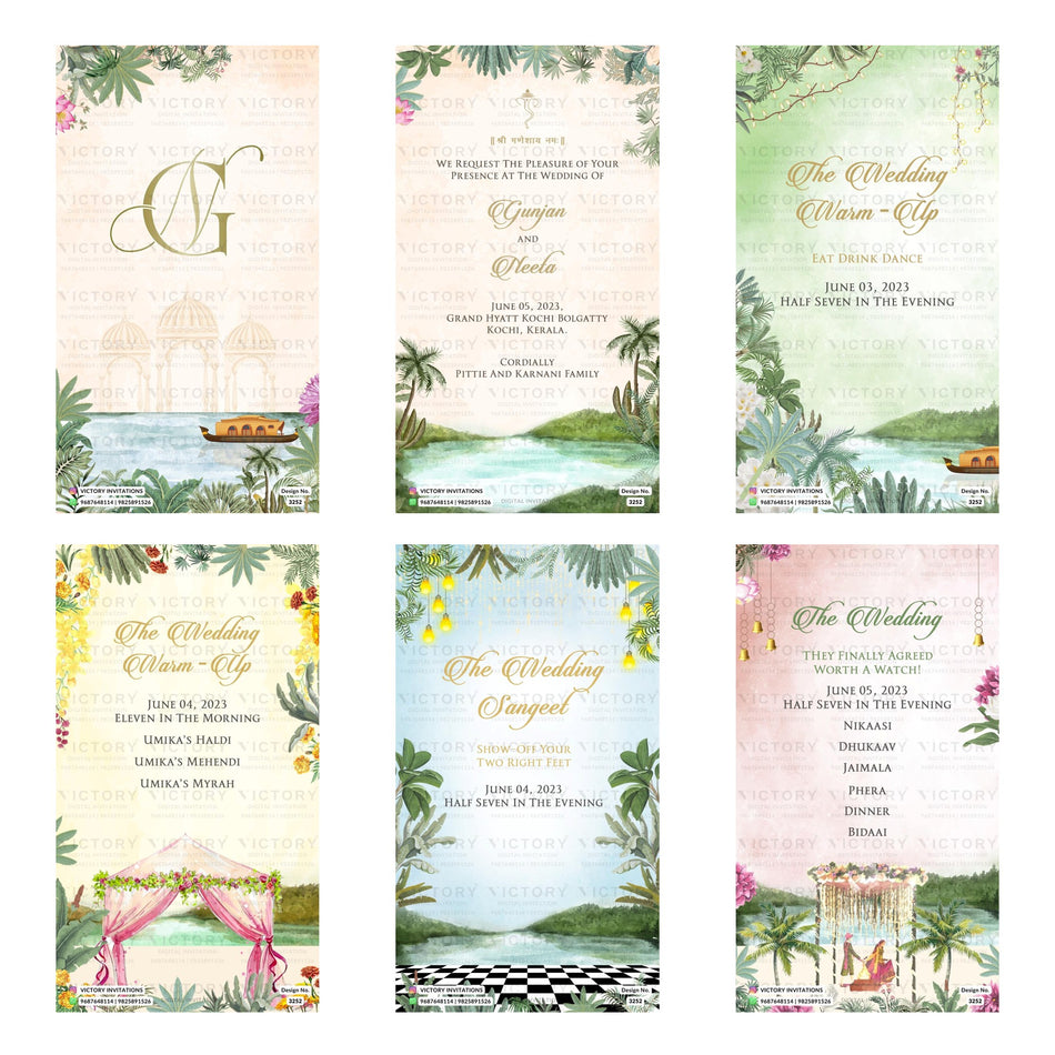 Traditional Indian wedding digital invitation card set 3252 featuring Gunjan and Neela, Wedding Warm-Up, Sangeet, and Ceremony templates at Grand Hyatt Kochi Bolgatty.