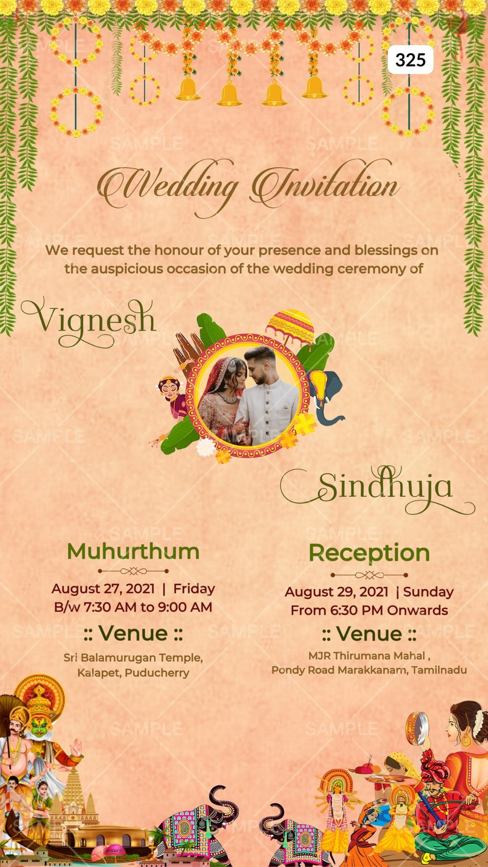 Wedding ceremony invitation card Canva Editable Template of hindu south indian tamil family in english language with traditional theme design 325
