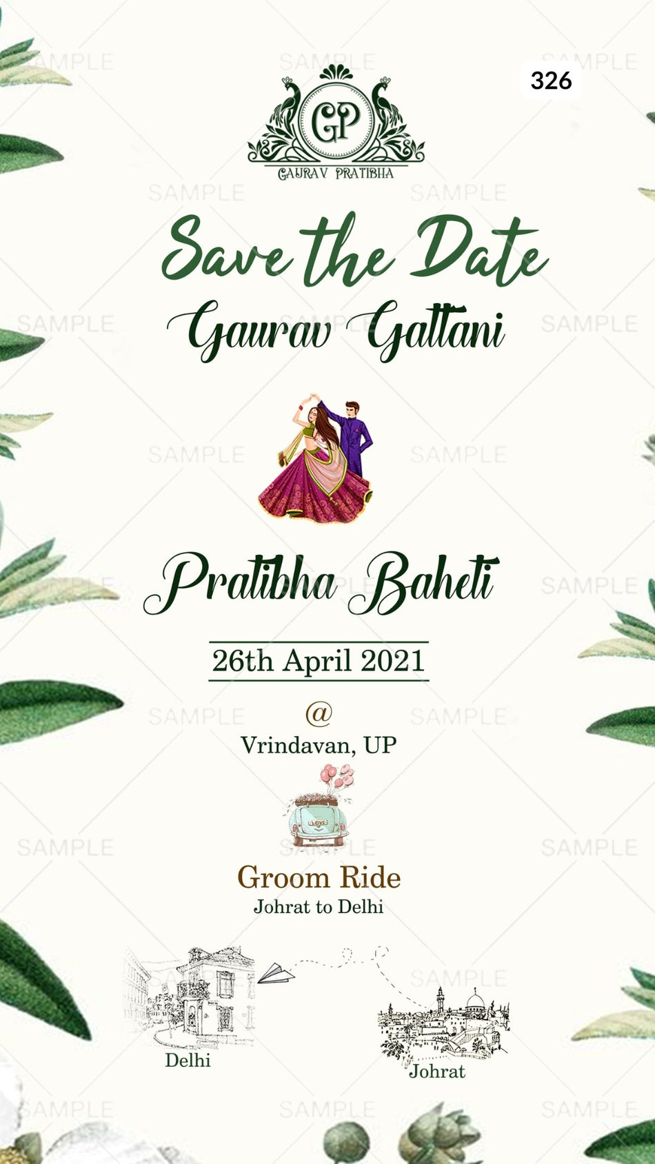 Digital Save the Date Invitation of Indian Family in English Language With Leaf Theme Canva Editable Template Design No. 326