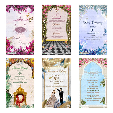Traditional Indian wedding digital invitation card set 3289 featuring Anmol and Twinkle, Ring Ceremony, Anand Karaj, and Reception Party templates.