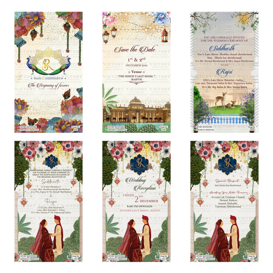 Traditional Indian wedding digital invitation card set 3289 featuring Rajsi and Siddharth templates with Shrishrimal family branding   