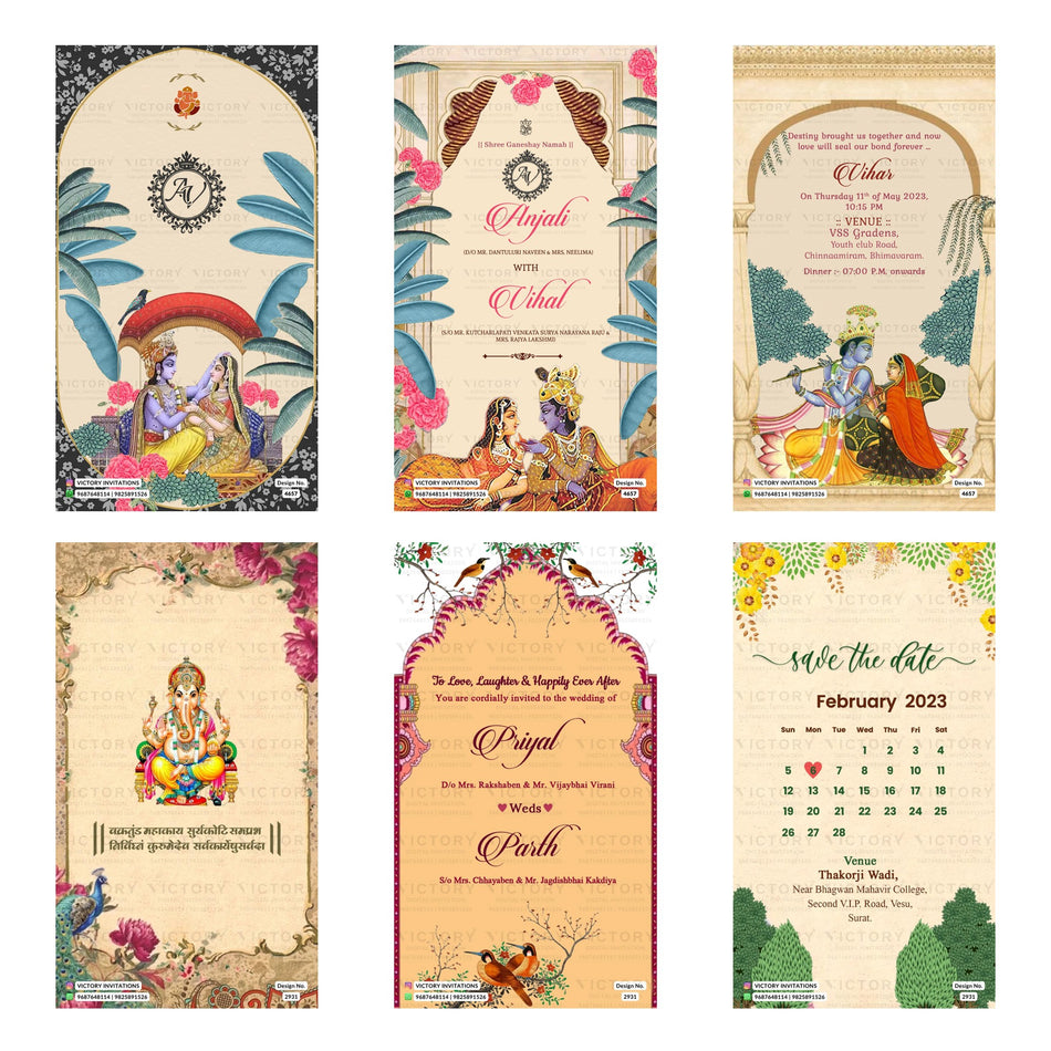 Traditional Indian wedding digital invitation card set 3290 featuring Anjali and Vihar templates with cultural artwork.